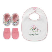 Baby Girls White Pink and Green Cotton Bib Mittens and Booties Set Floral Embroidered Newborn Essentials