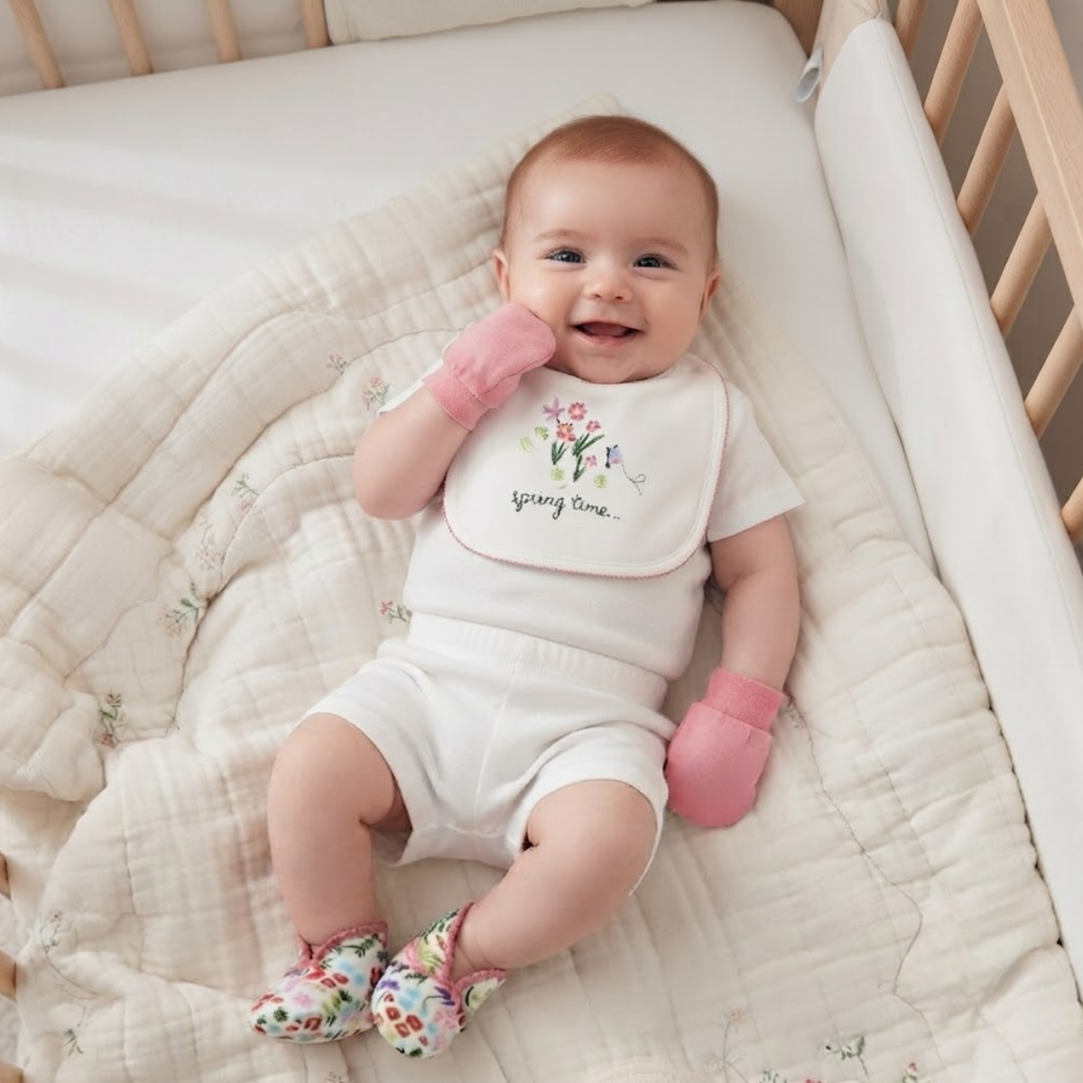 Baby Girls White Pink and Green Cotton Bib Mittens and Booties Set Floral Embroidered Newborn Essentials