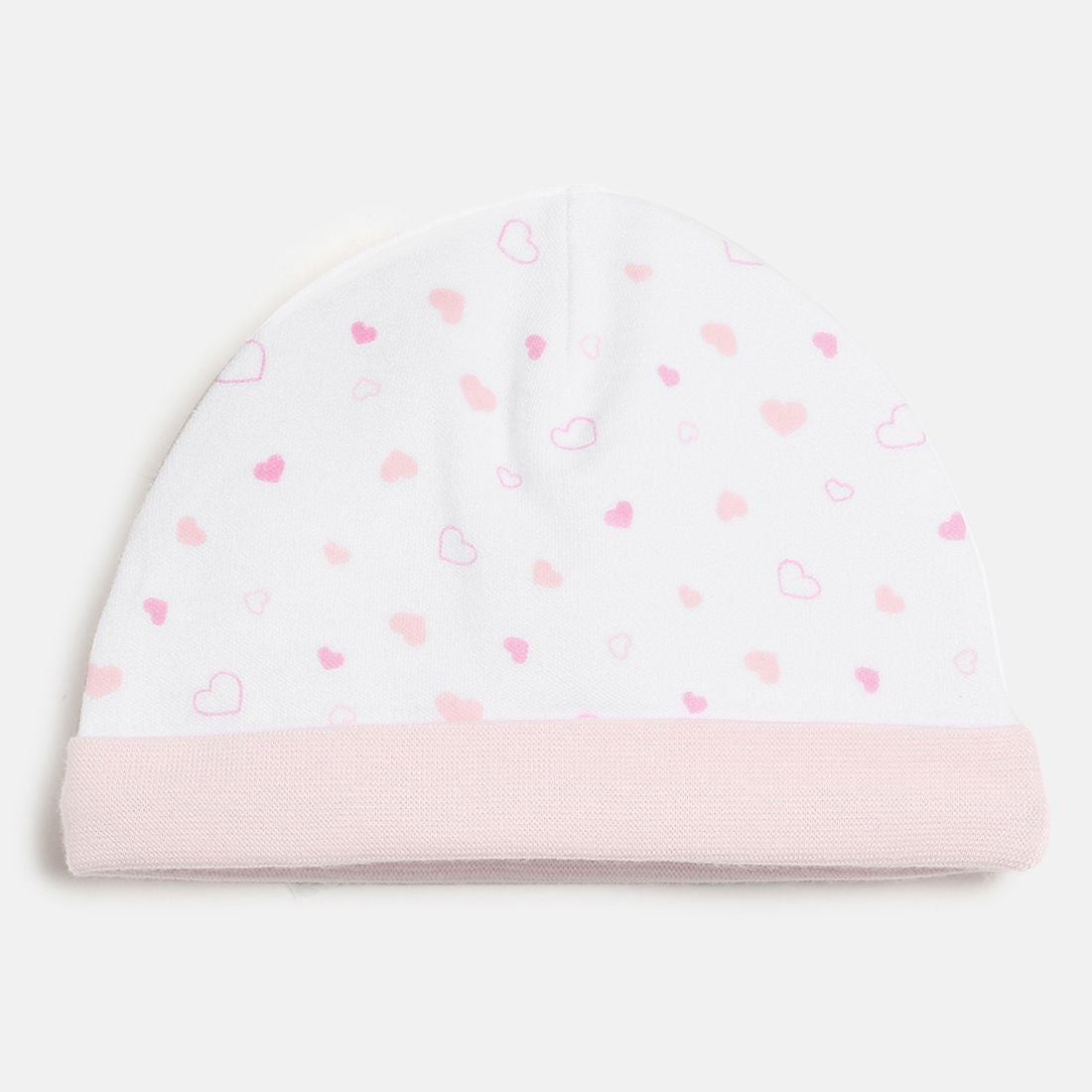 Baby Girls White & Pink Heart Print Cotton Cap Regular Fit Baby Cap