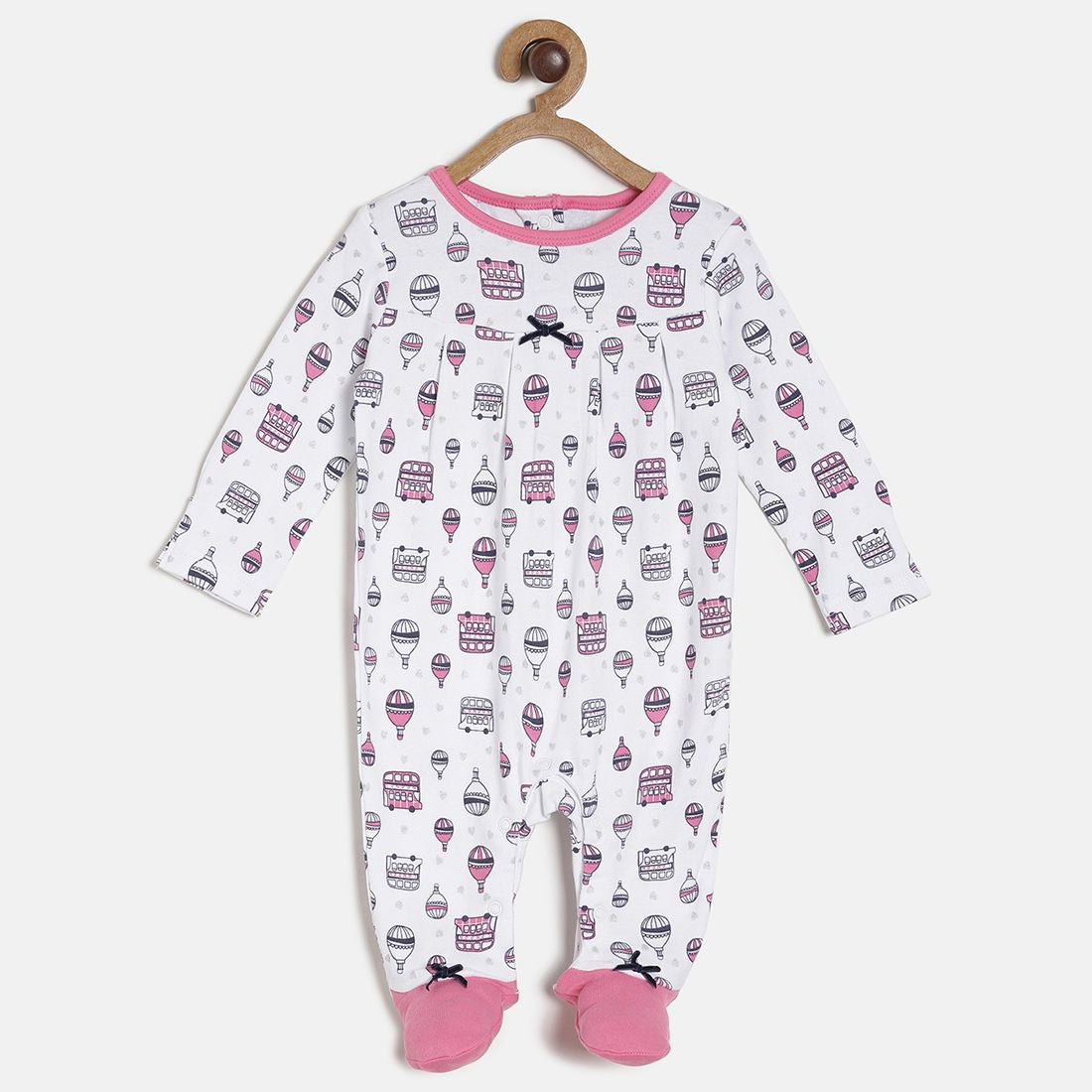 Baby Girls White & Pink Printed Cotton Full Sleeves Sleepsuit Regular Fit Baby Sleepsuit