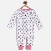 Baby Girls White & Pink Printed Cotton Full Sleeves Sleepsuit Regular Fit Baby Sleepsuit