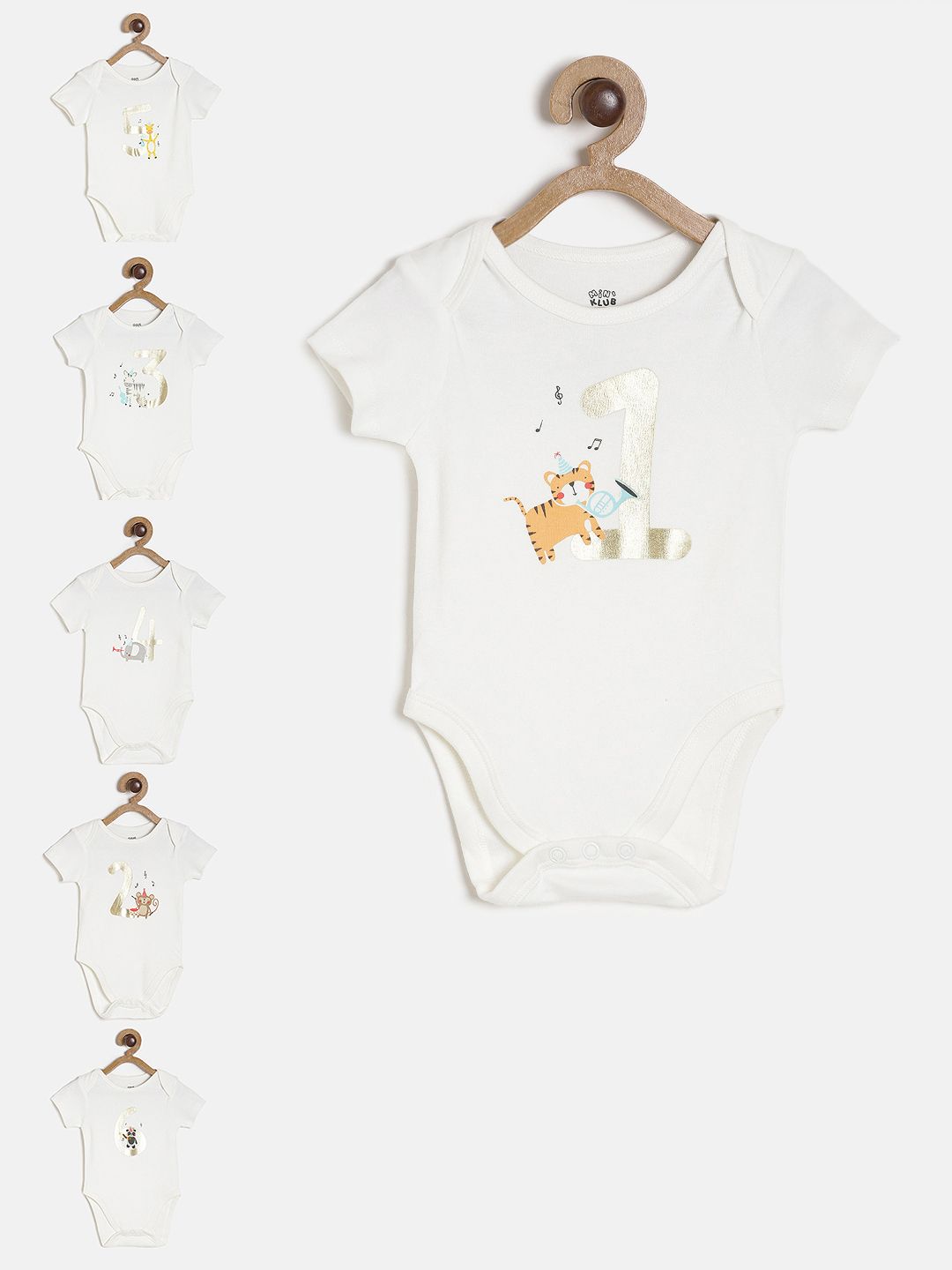 Baby Boys White Number Print Cotton Bodysuit Pack of 6 Regular Fit Casual Baby Bodysuits