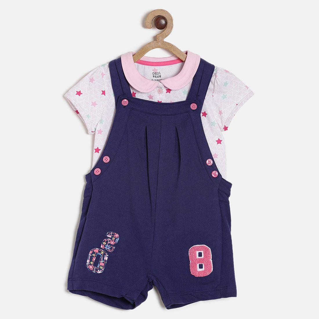 Baby Girls Purple Dungaree with Printed T-Shirt Set Regular Fit Casual Kids Outfit