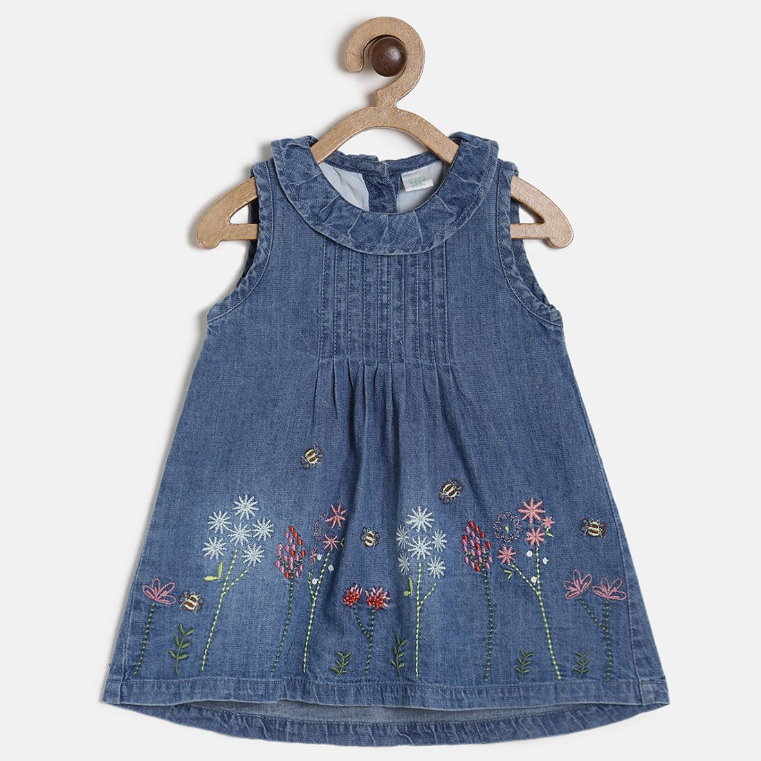 Baby Girls Blue Embroidered Denim Sleeveless Fit and Flare Dress