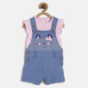 Baby Girls Blue Kitty Applique Dungaree Shorts with Pink Ruffle Sleeve Top Set Casual Outfit
