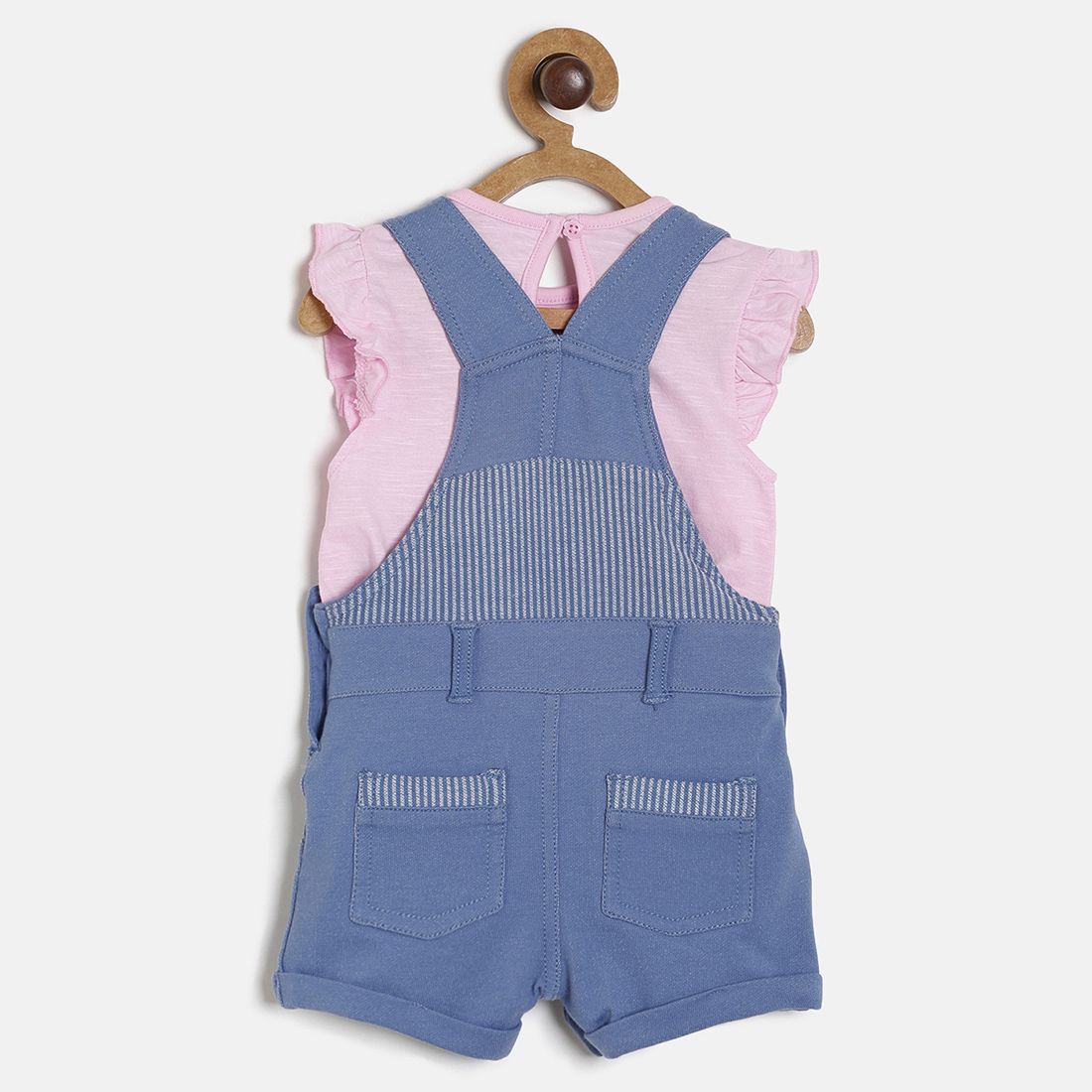 Baby Girls Blue Kitty Applique Dungaree Shorts with Pink Ruffle Sleeve Top Set Casual Outfit
