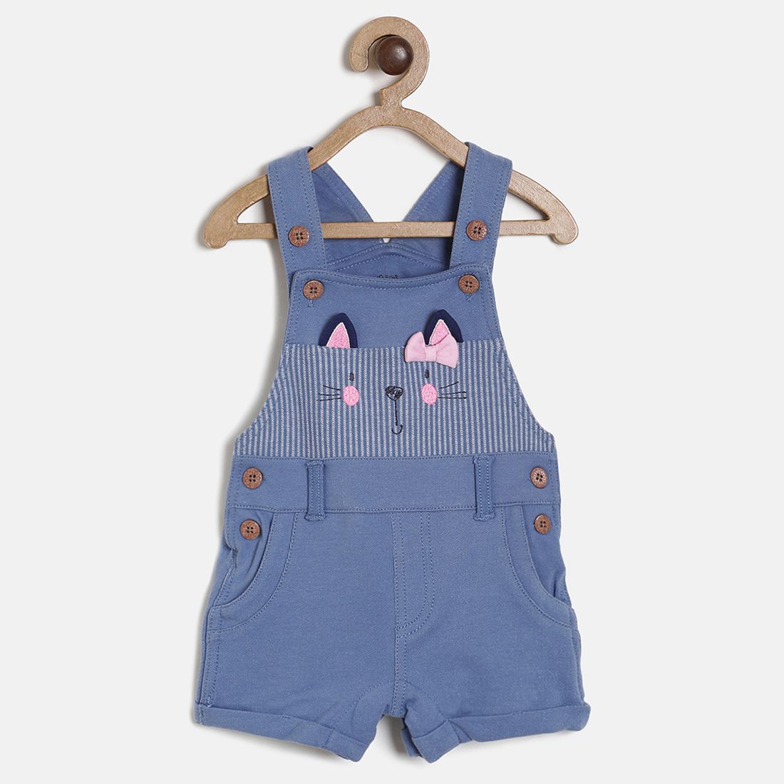 Baby Girls Blue Kitty Applique Dungaree Shorts with Pink Ruffle Sleeve Top Set Casual Outfit