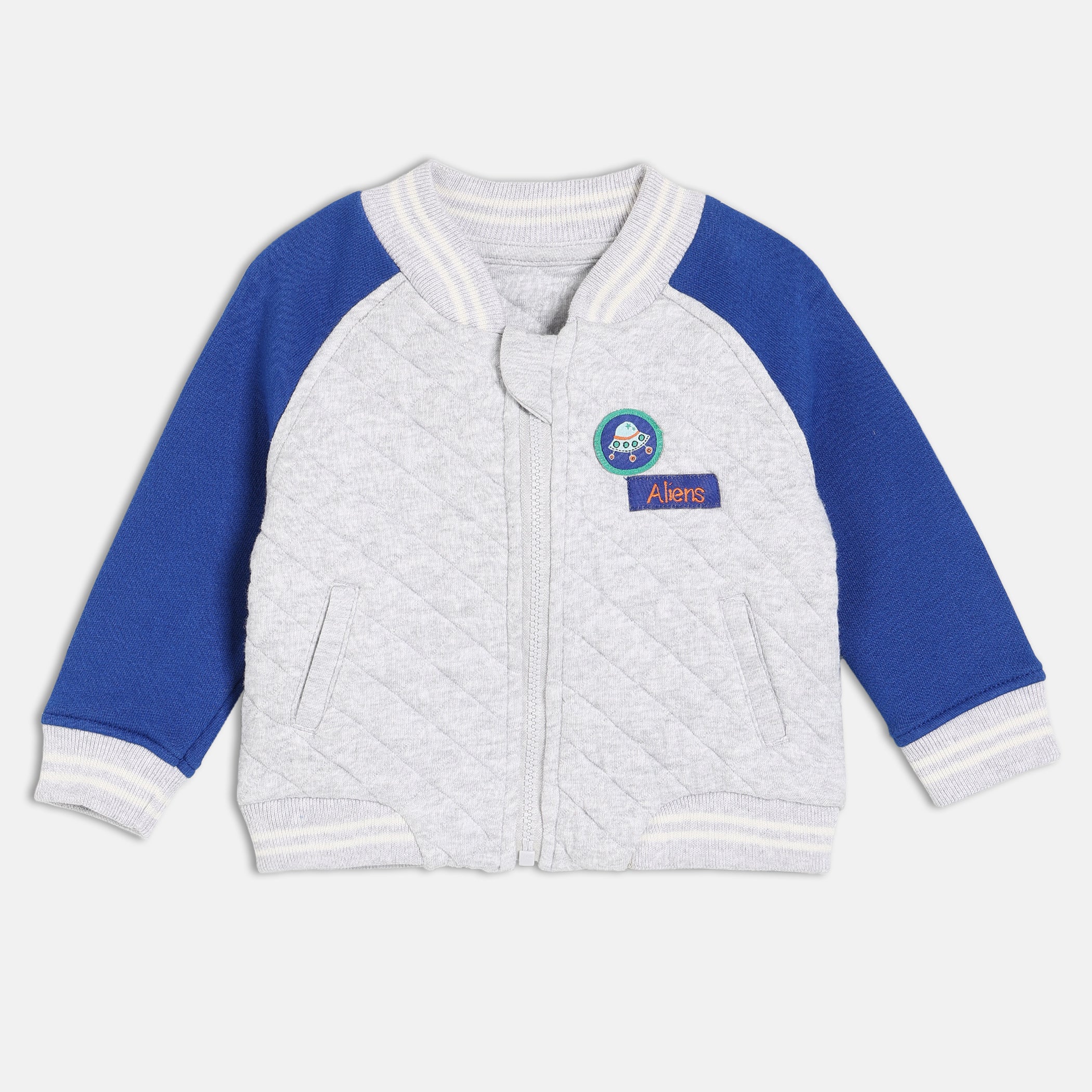 Baby Boys Grey Quilted Bomber Jacket with Blue Sleeves Casual Winter Wear