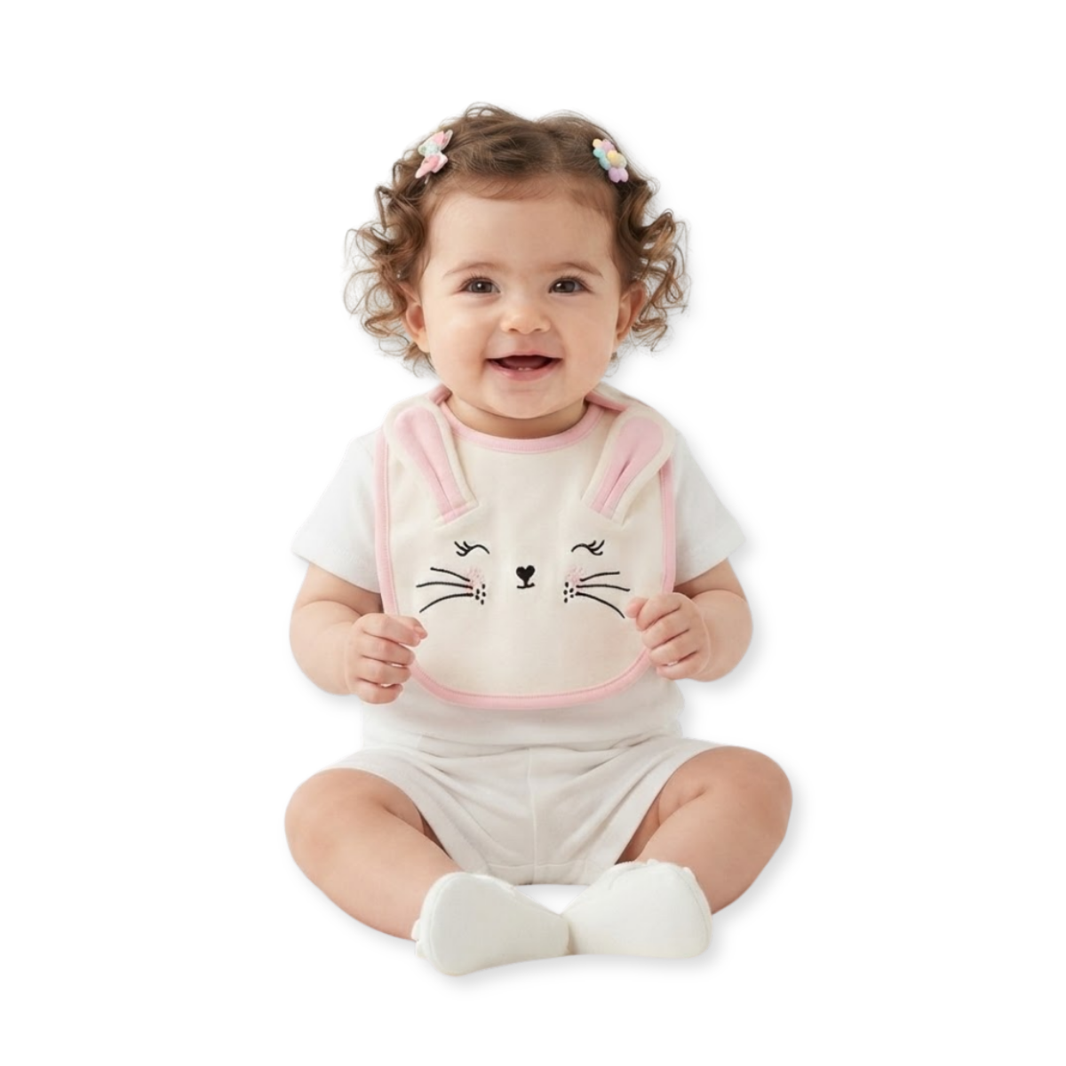 Baby Girls Ivory and Pink Cotton Bib Bunny Design Feeding Essential