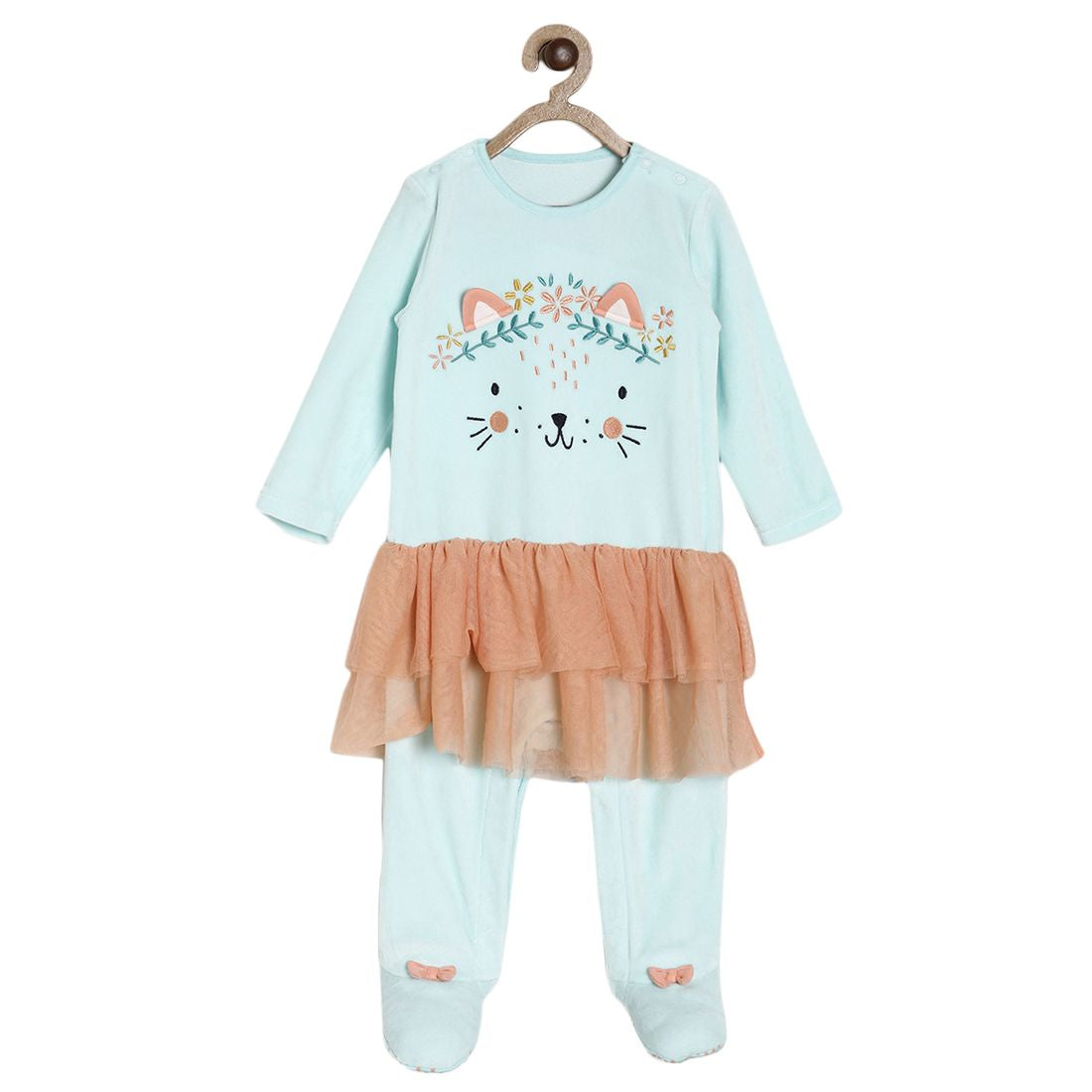 Pack of 1 sleep suit - turquoise blue & light brown for 0-3 Months