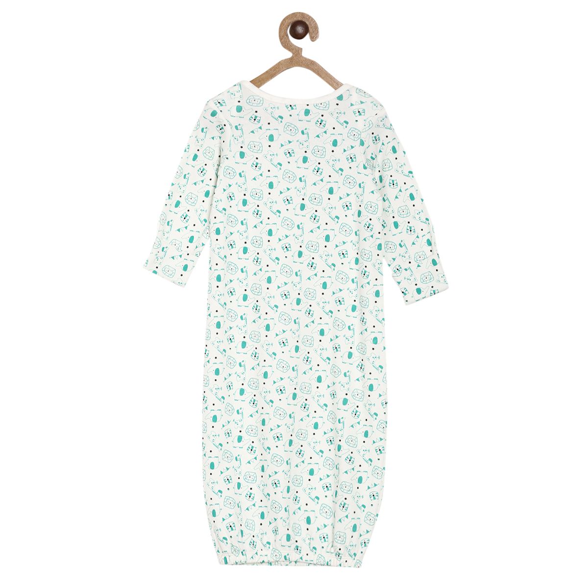 Boys White and Mint Green Printed Sleeping Bag with Full Sleeves Sleepwear