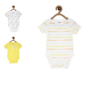 Baby Girls Striped and Printed Bodysuits Pack of 3, White Yellow Pink Green and Blue