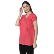 Women Solid Nursing Woven Top with Ruffle Detail, Red