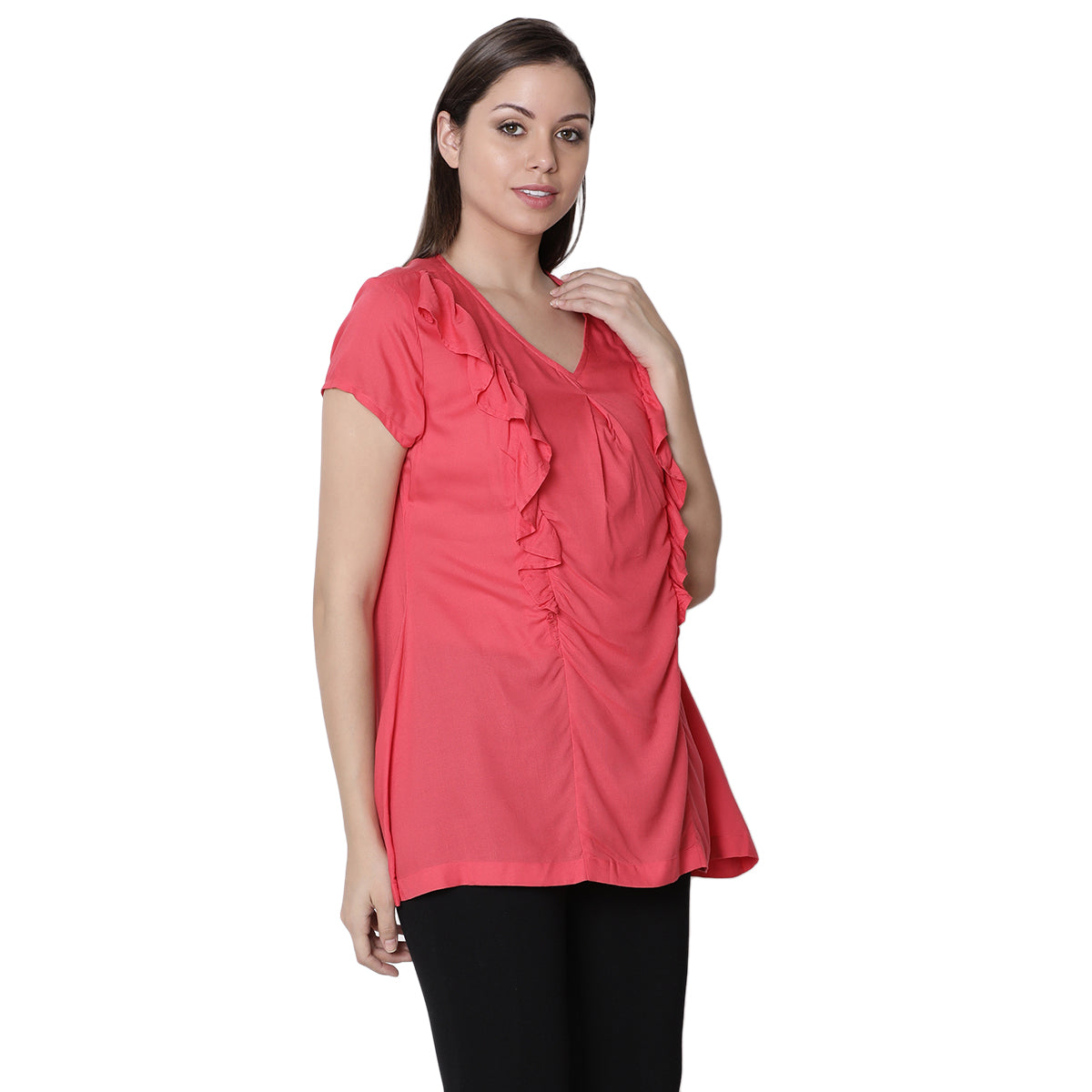 Women Solid Nursing Woven Top with Ruffle Detail, Red