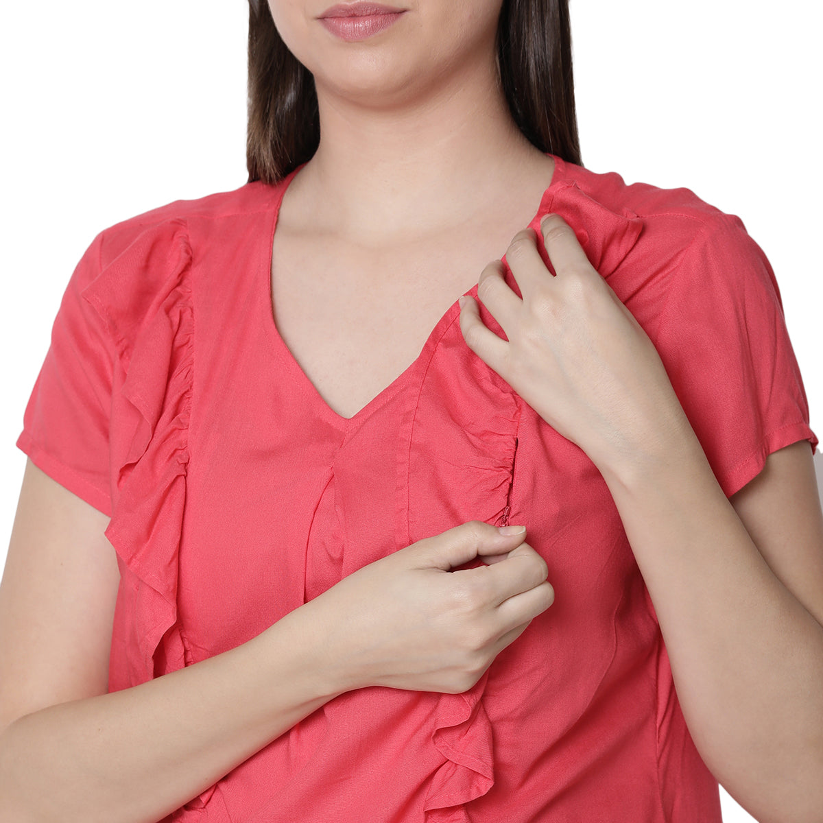 Women Solid Nursing Woven Top with Ruffle Detail, Red