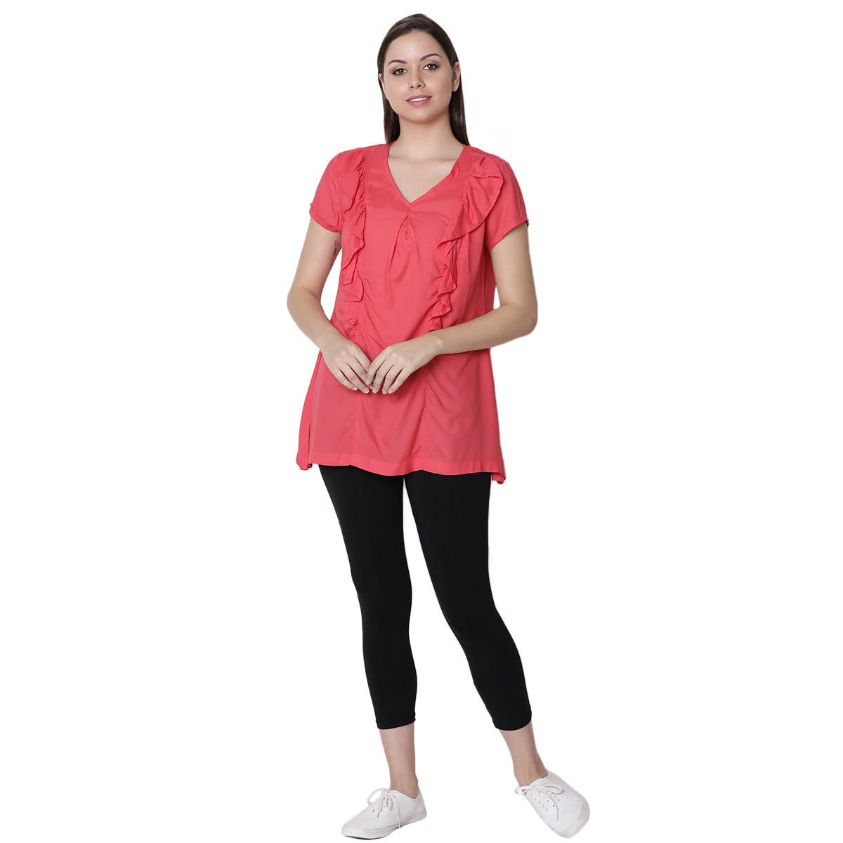 Women Solid Nursing Woven Top with Ruffle Detail, Red