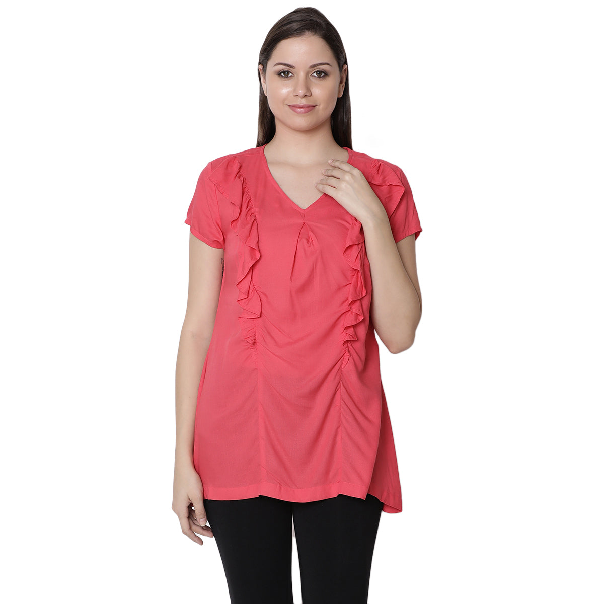 Women Solid Nursing Woven Top with Ruffle Detail, Red
