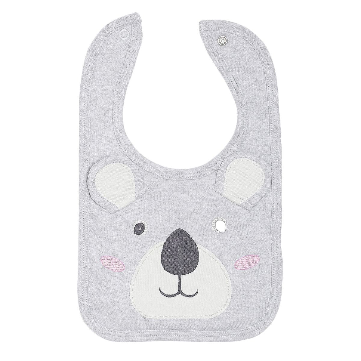Baby Unisex Grey Cotton Blend Koala Face Bib Pack of 1 Snap Button Feeding Essential