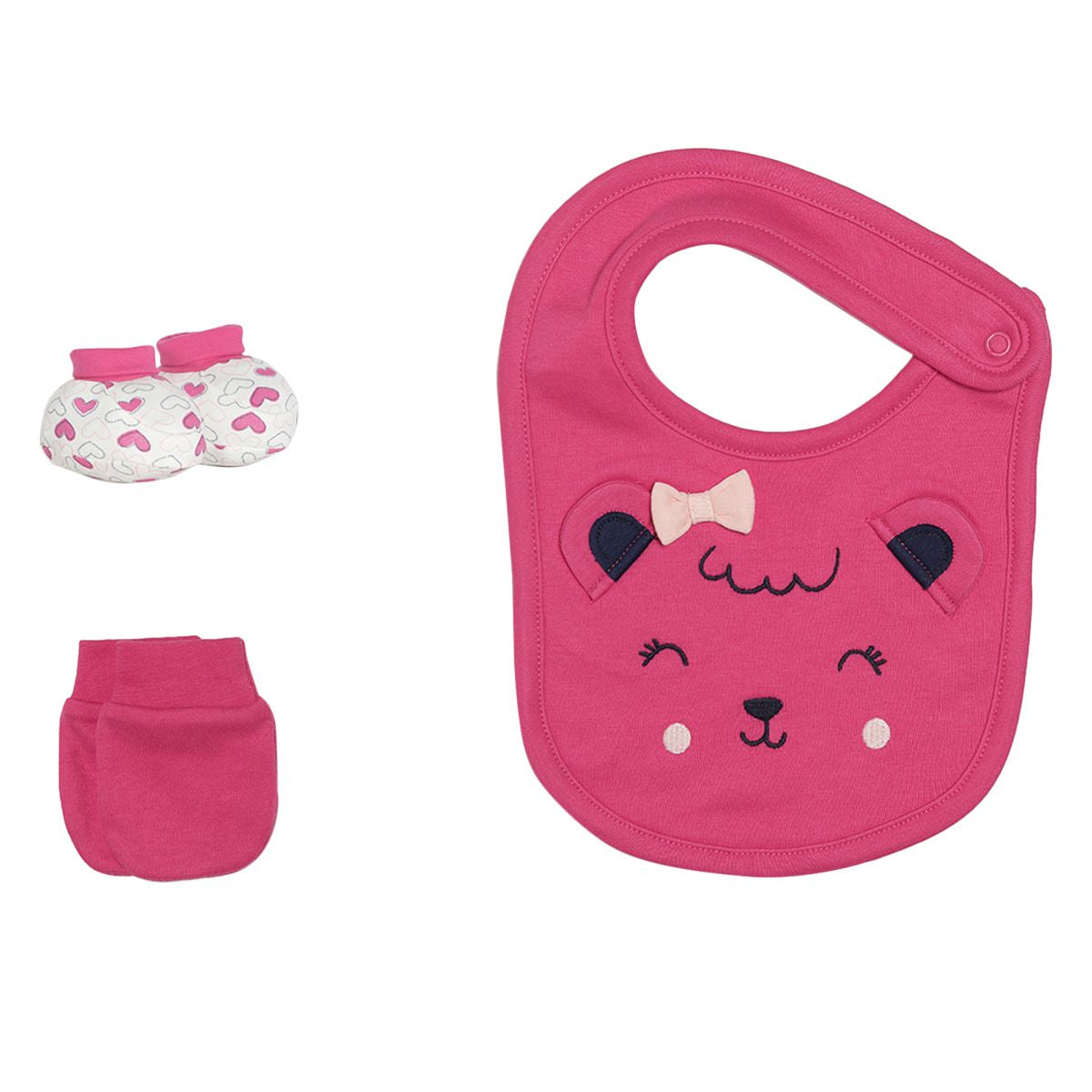 Baby Girls Pink Cotton Bear Embroidered Bib and Mittens Set Feeding Essentials