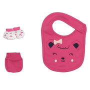 Baby Girls Pink Cotton Bear Embroidered Bib and Mittens Set Feeding Essentials