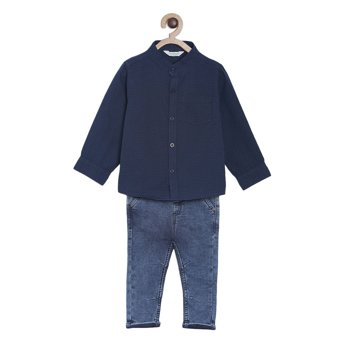 Pack of 2 shirt & woven bottom - navy blue & denim blue for 3-6 Months