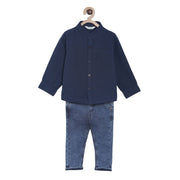 Pack of 2 shirt & woven bottom - navy blue & denim blue for 3-6 Months