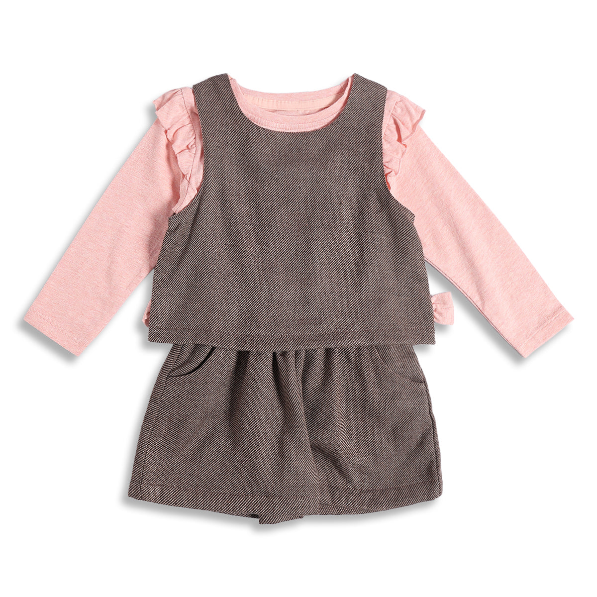 Baby Girls Pink & Brown Cotton Top with Shorts and Sleeveless Overlay Set