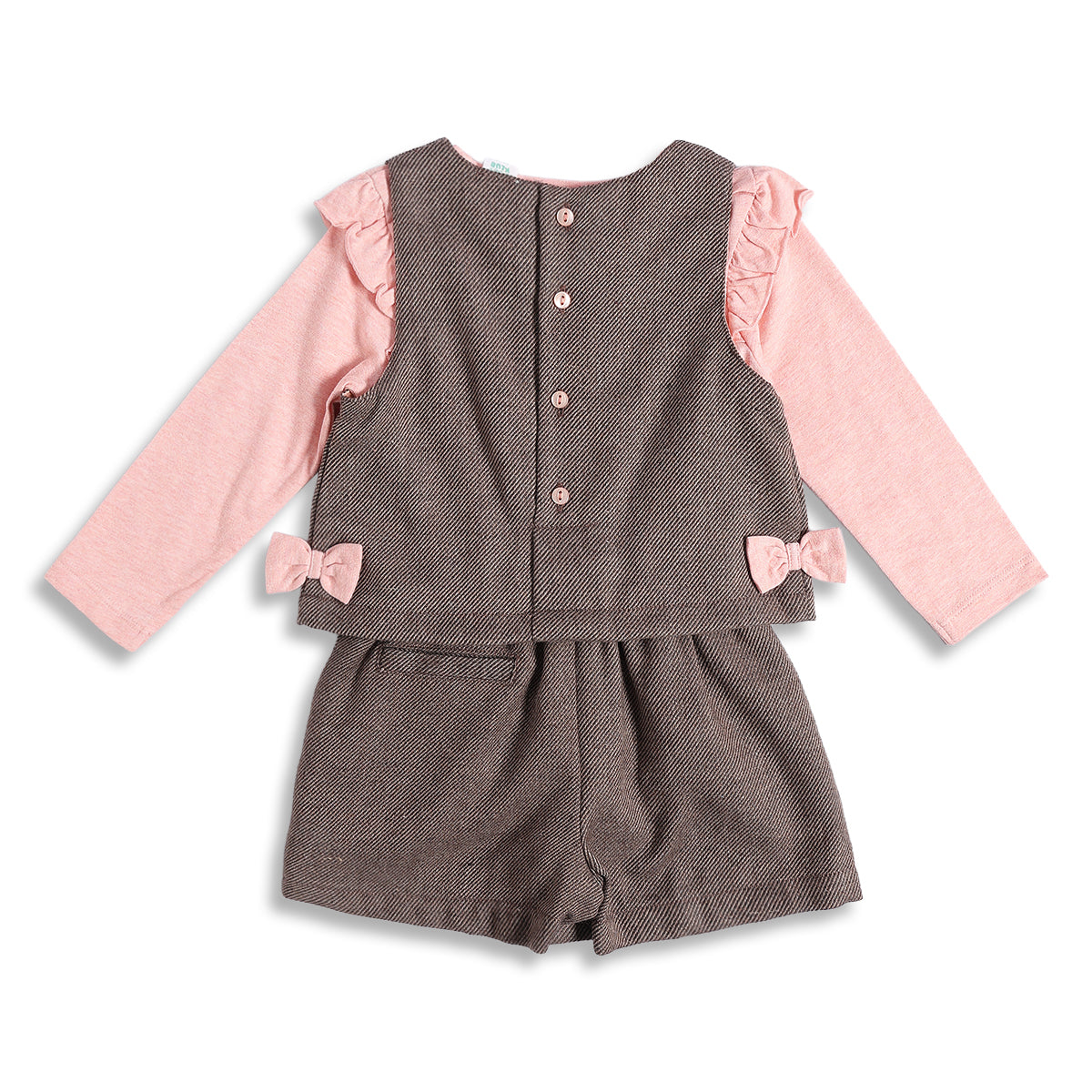 Baby Girls Pink & Brown Cotton Top with Shorts and Sleeveless Overlay Set