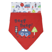 Boys Red and White Vehicle Print Bandana Feeding Bib