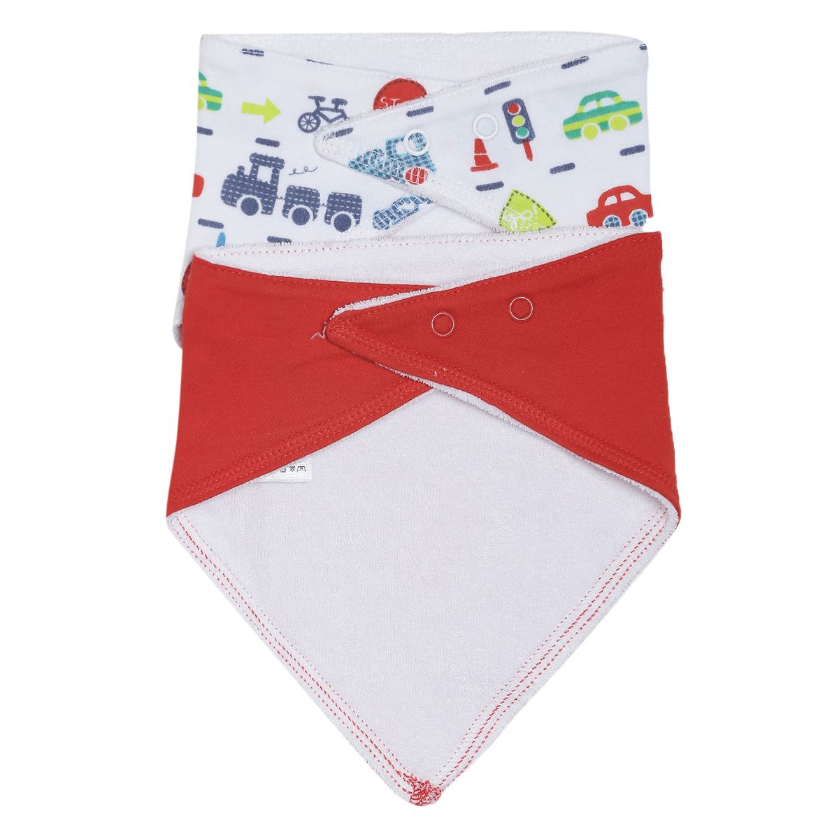 Boys Red and White Vehicle Print Bandana Feeding Bib