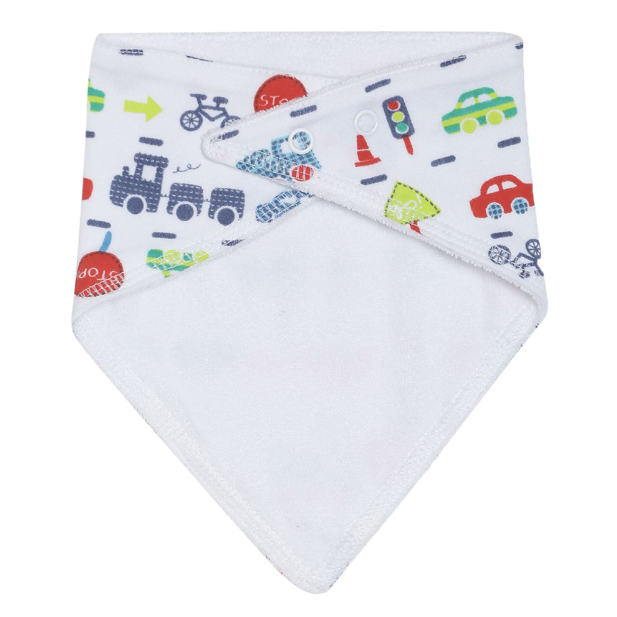 Boys Red and White Vehicle Print Bandana Feeding Bib