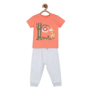 Pack of 2 t-shirt and knit bottom set - coral red & light grey for 0-3 Months