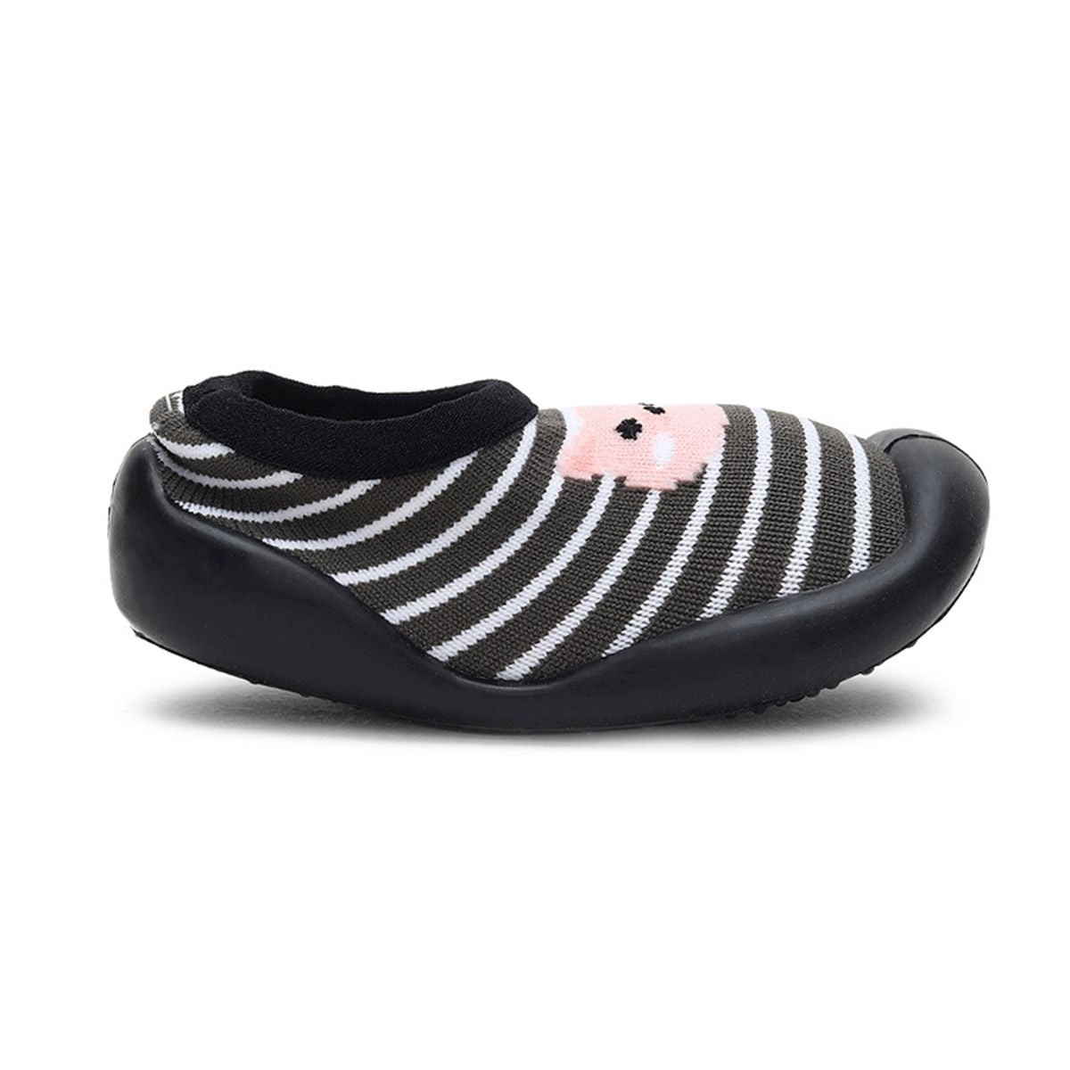 Baby Girls Black and White Knit Striped Cat Face Sock Shoes Pack of 1 Pair Flexible Anti-Slip First Walker Footwear