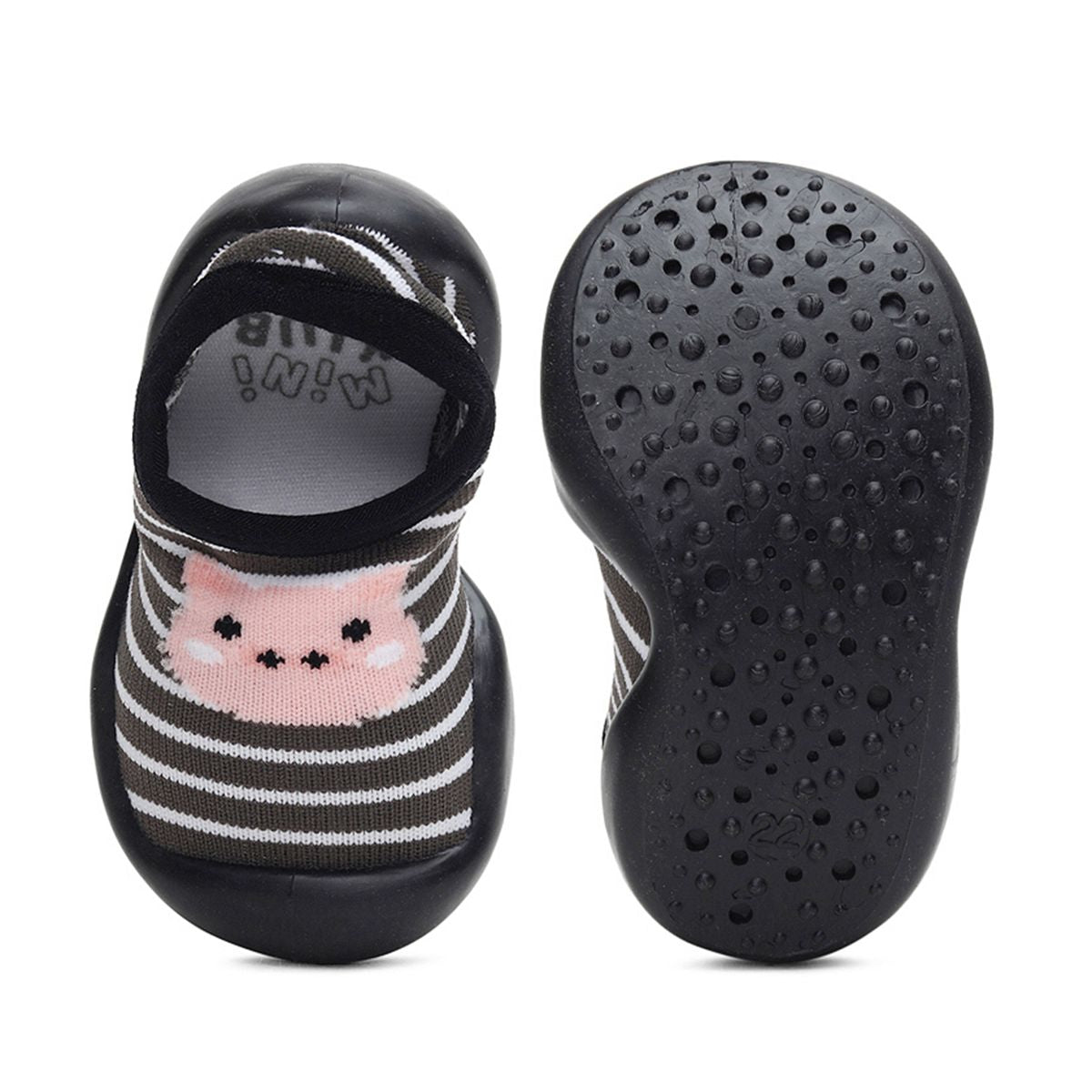 Baby Girls Black and White Knit Striped Cat Face Sock Shoes Pack of 1 Pair Flexible Anti-Slip First Walker Footwear