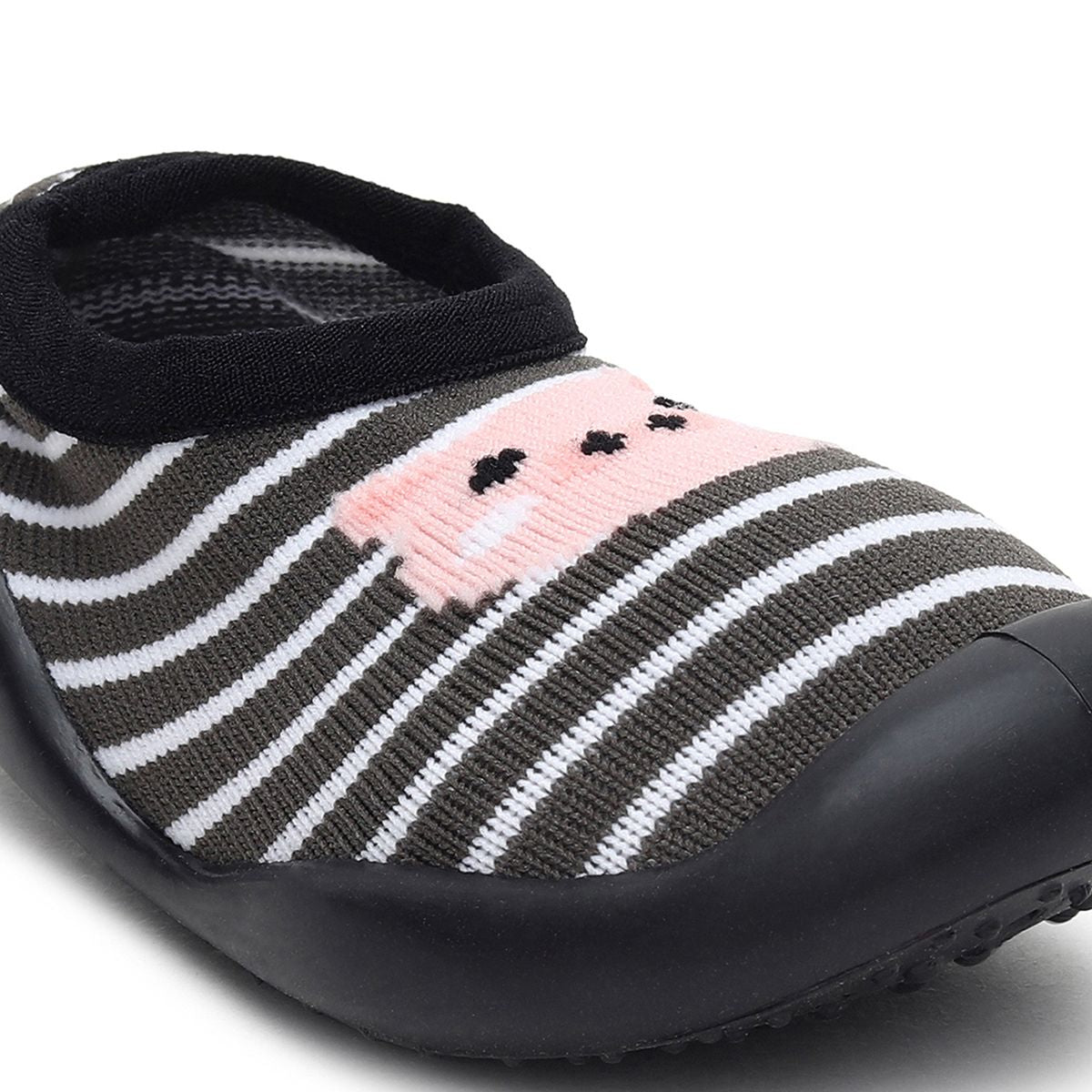 Baby Girls Black and White Knit Striped Cat Face Sock Shoes Pack of 1 Pair Flexible Anti-Slip First Walker Footwear