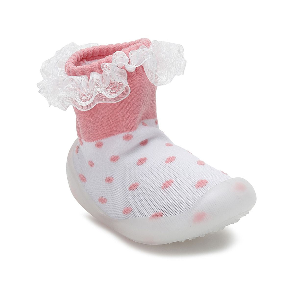 Baby Girls White and Pink Knit Polka Dot Sock Shoes Pack of 1 Pair Lace Trim Anti-Slip First Walker Footwear