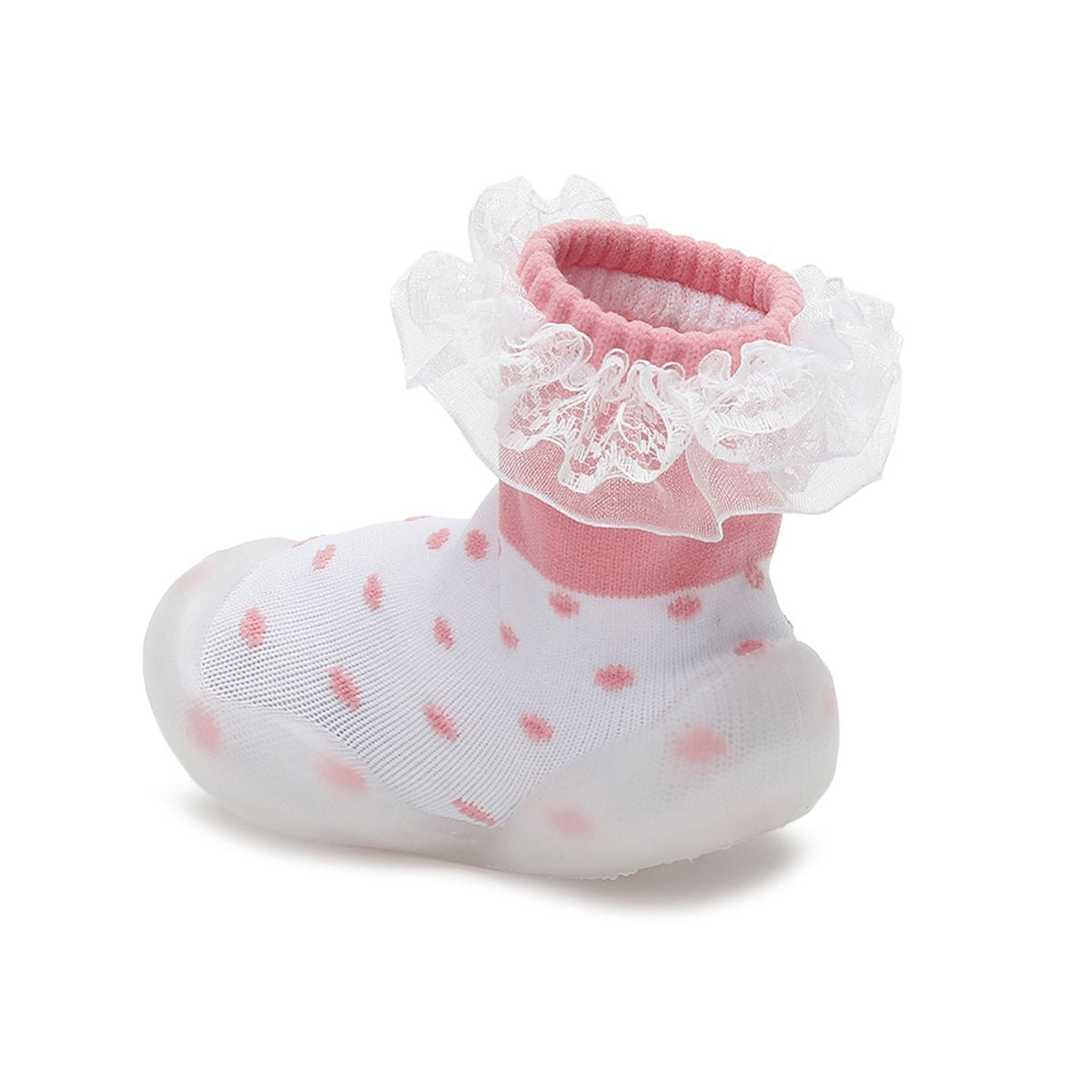 Baby Girls White and Pink Knit Polka Dot Sock Shoes Pack of 1 Pair Lace Trim Anti-Slip First Walker Footwear