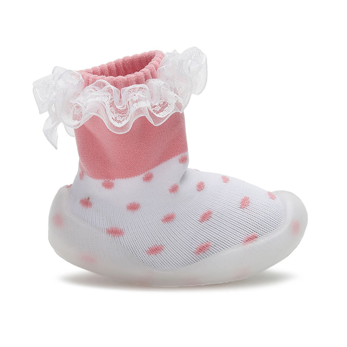Baby Girls White and Pink Knit Polka Dot Sock Shoes Pack of 1 Pair Lace Trim Anti-Slip First Walker Footwear