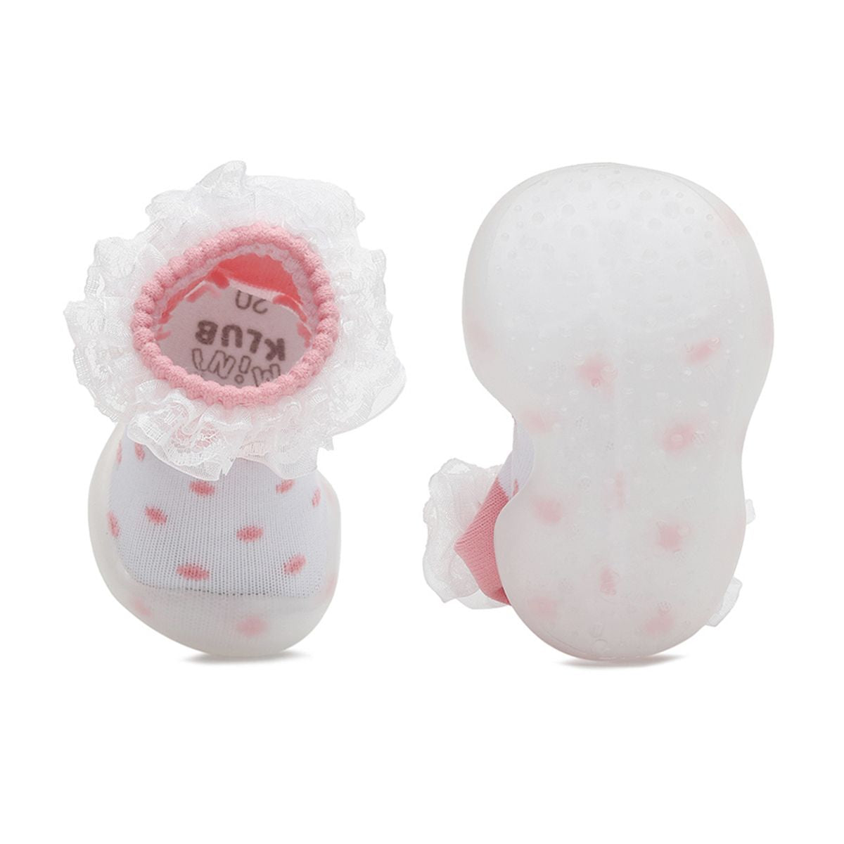 Baby Girls White and Pink Knit Polka Dot Sock Shoes Pack of 1 Pair Lace Trim Anti-Slip First Walker Footwear
