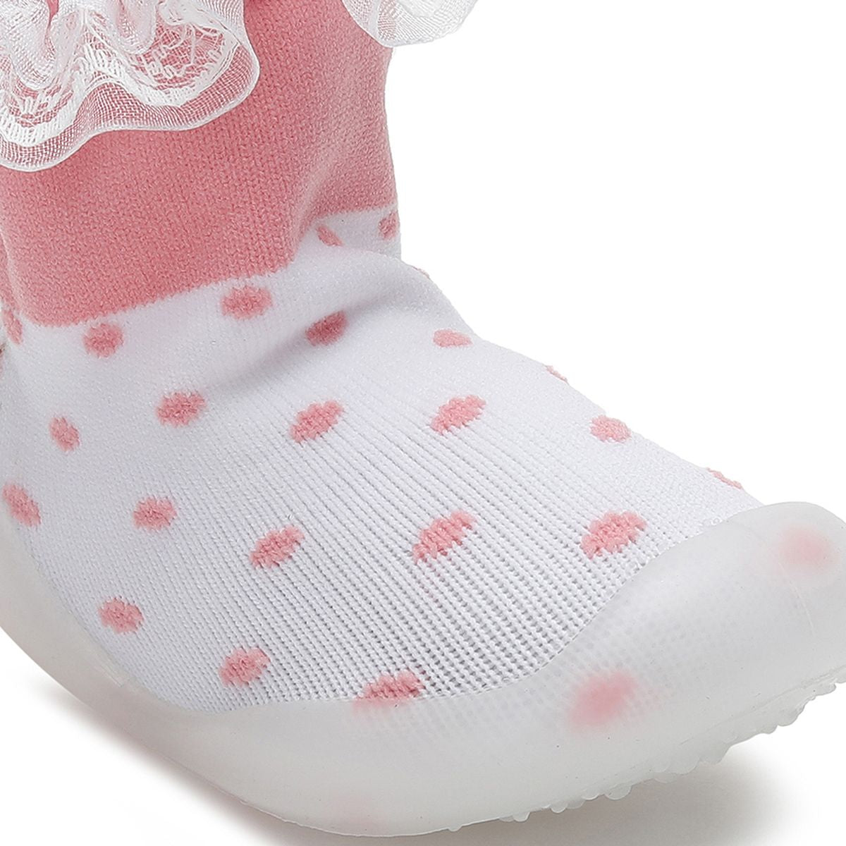 Baby Girls White and Pink Knit Polka Dot Sock Shoes Pack of 1 Pair Lace Trim Anti-Slip First Walker Footwear