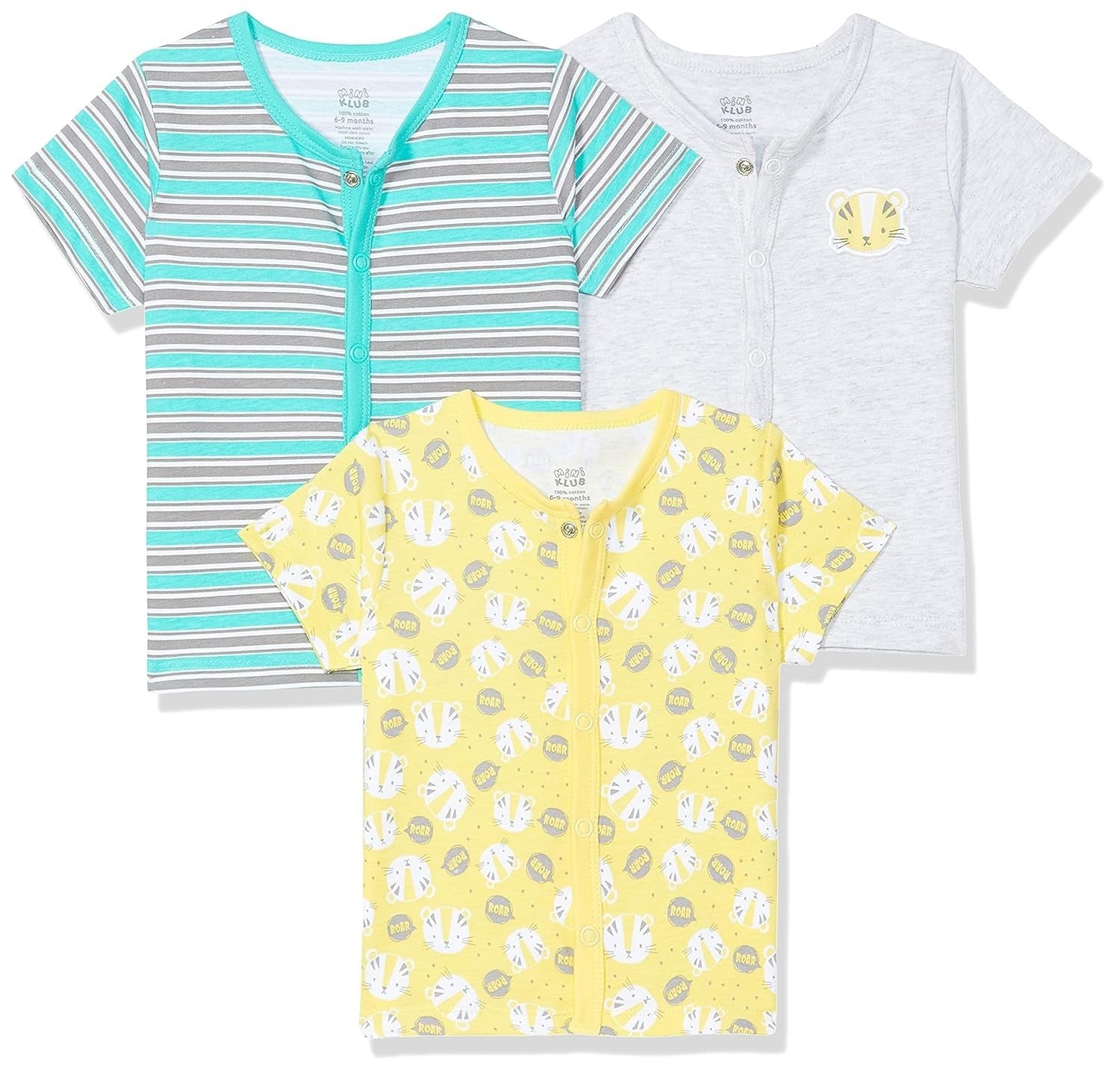 Baby Boys Lion Print and Striped Half Sleeve T-Shirt Pack of 3, Yellow Grey Green