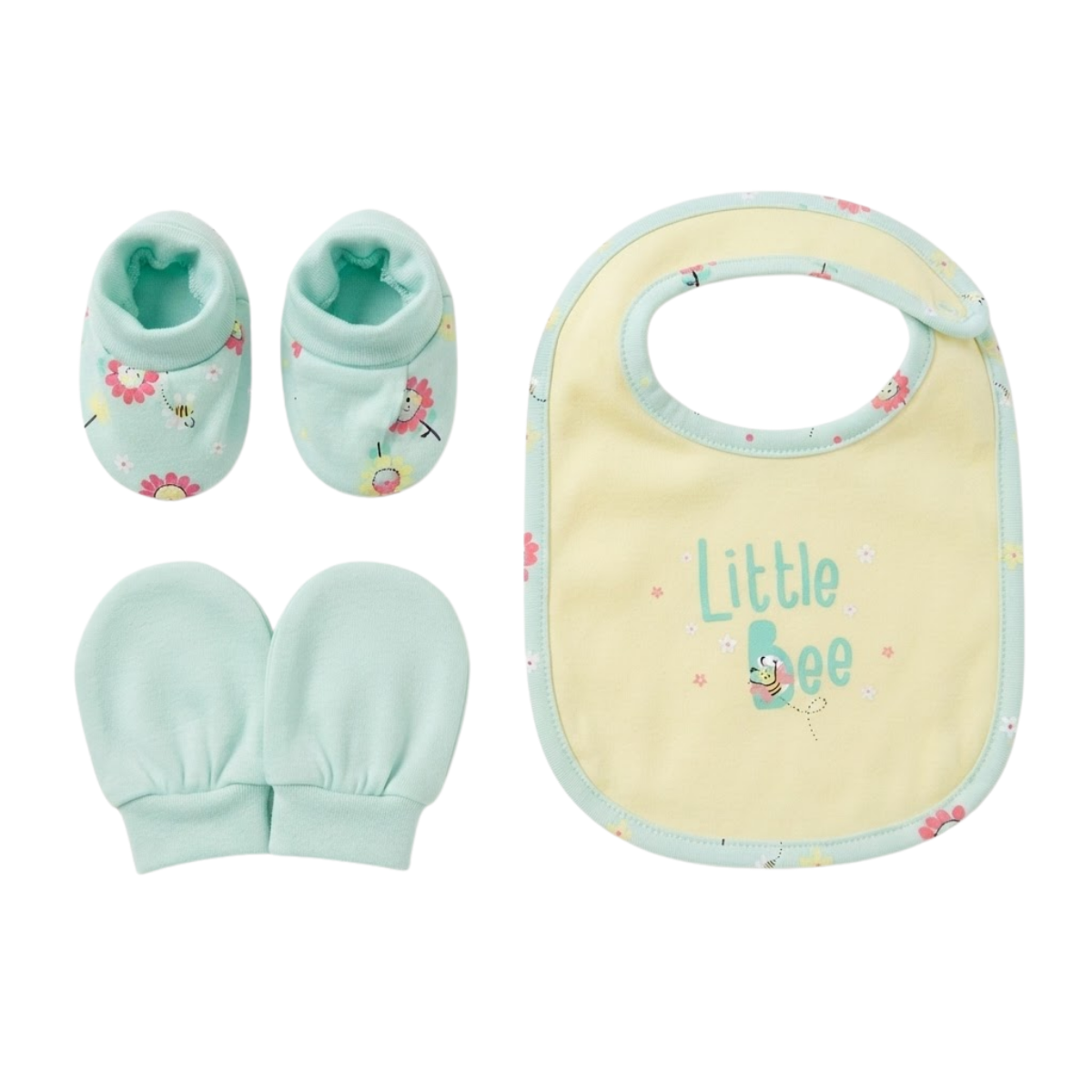 Baby Yellow and Aqua Cotton Bib Mittens and Booties Set Little Bee Design Newborn Essentials