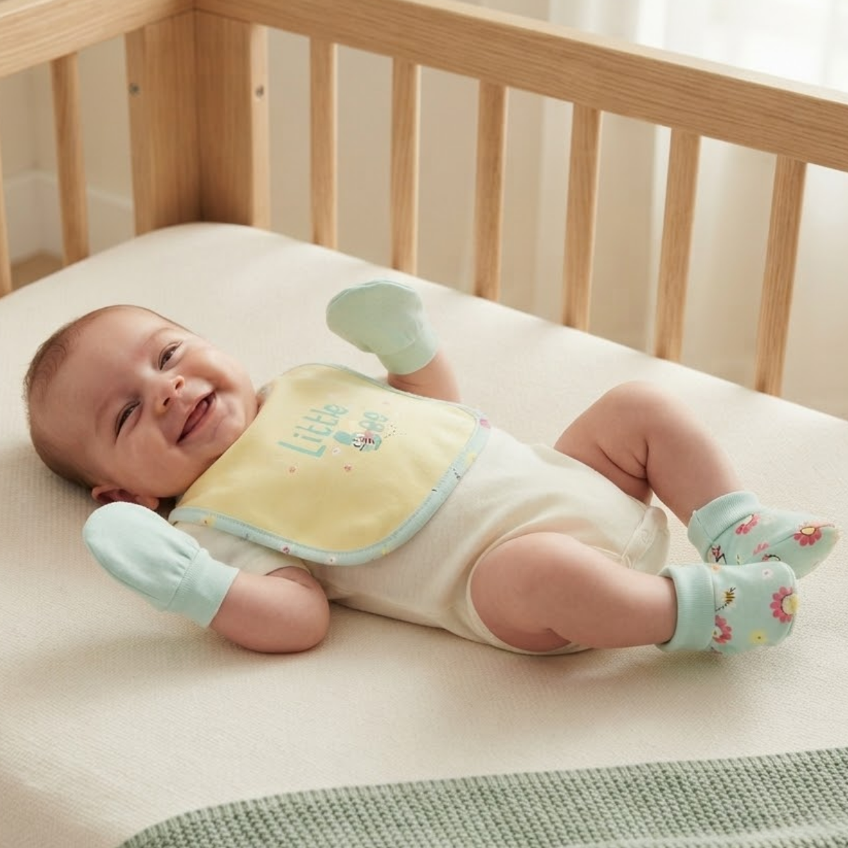 Baby Yellow and Aqua Cotton Bib Mittens and Booties Set Little Bee Design Newborn Essentials