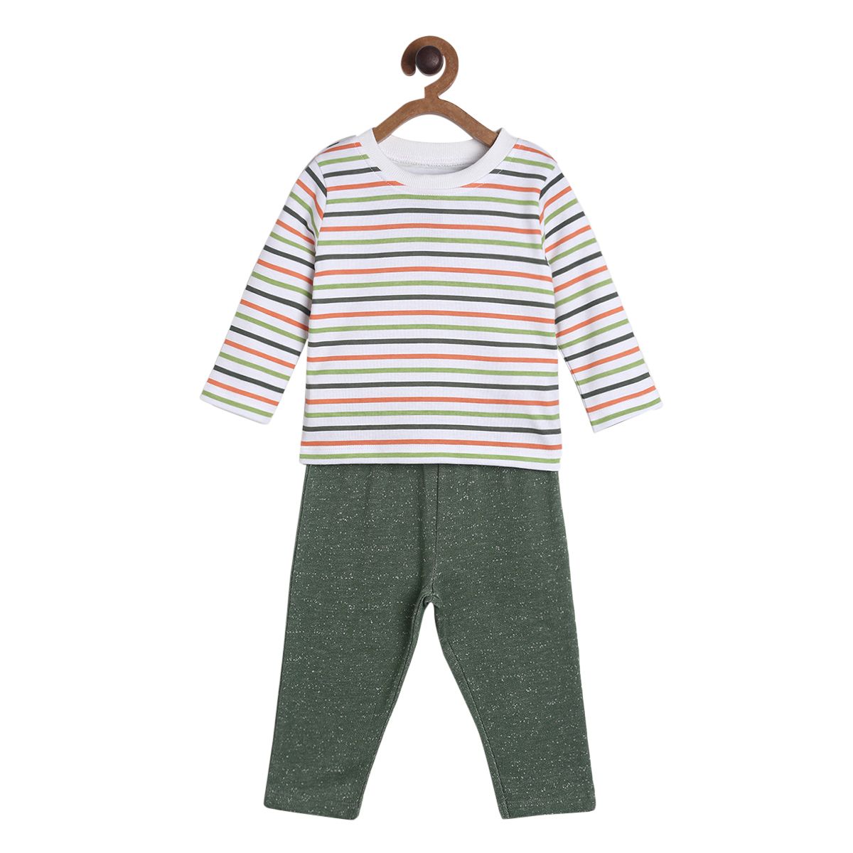 Pack of 2 t-shirt and knit bottom - white & dark green for 0-3 Months