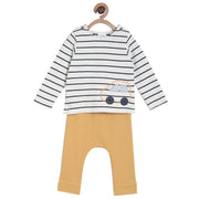 Pack of 2 t-shirt and knit bottom set - white & light brown for 0-3 Months