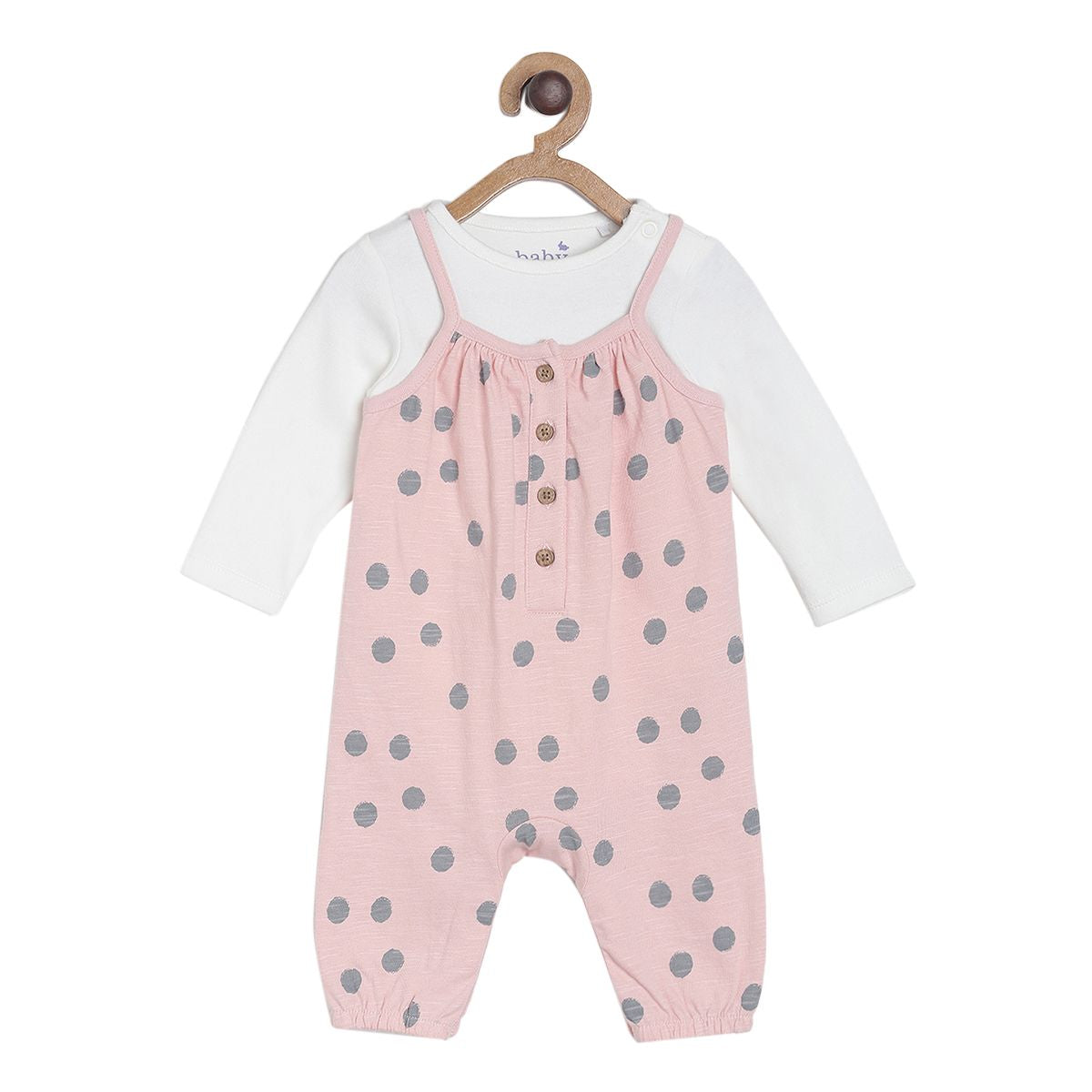 Baby Girls Polka Dot Dungaree Set with T-Shirt, Pink and White