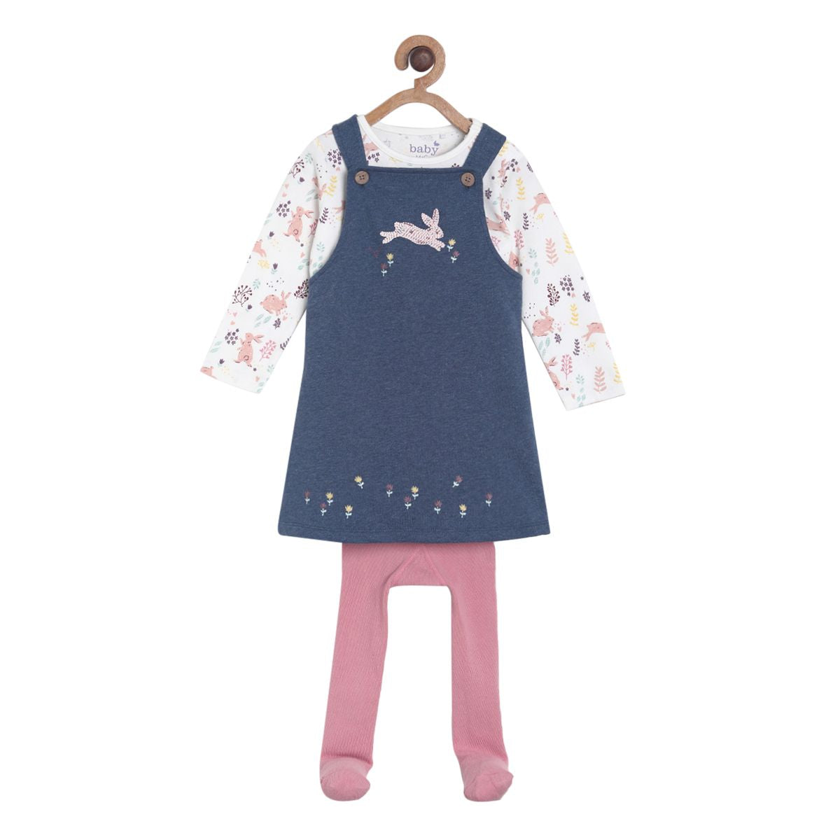 Pack of 3 pinny& tights set - denim blue & baby pink for 3-6 Months