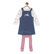 Pack of 3 pinny& tights set - denim blue & baby pink for 3-6 Months