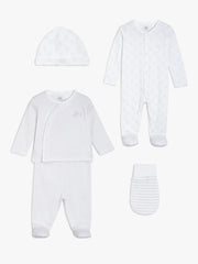 Unisex White 5 Piece Gift Set with Sleepsuit, Wrap Top, Mittens and Cap