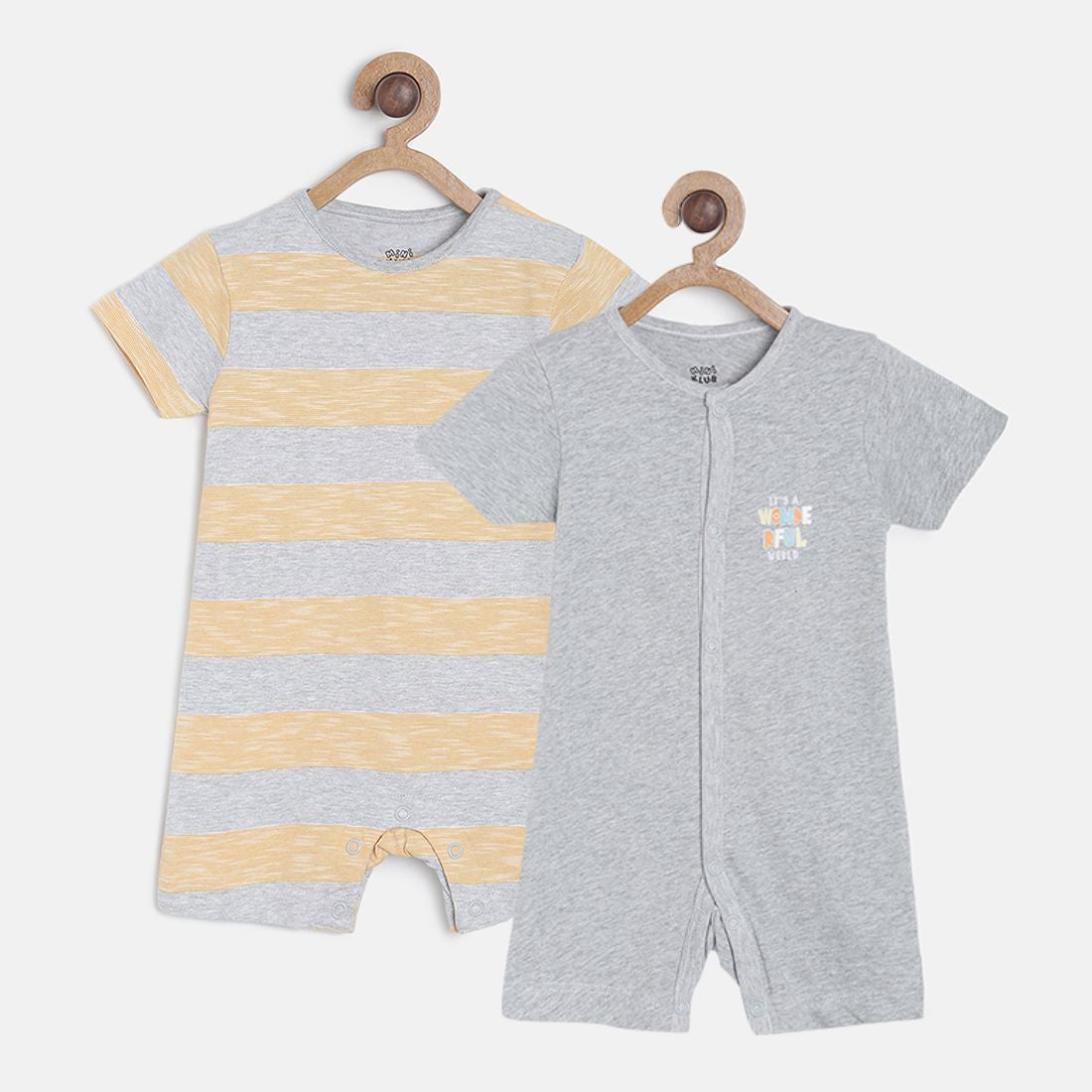 Baby Boys Grey & Yellow Cotton Printed Rompers Pack of 2 Regular Fit Casual Rompers